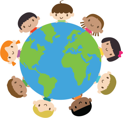 Vector illustration – Happy smiling multicultural kids around the world.